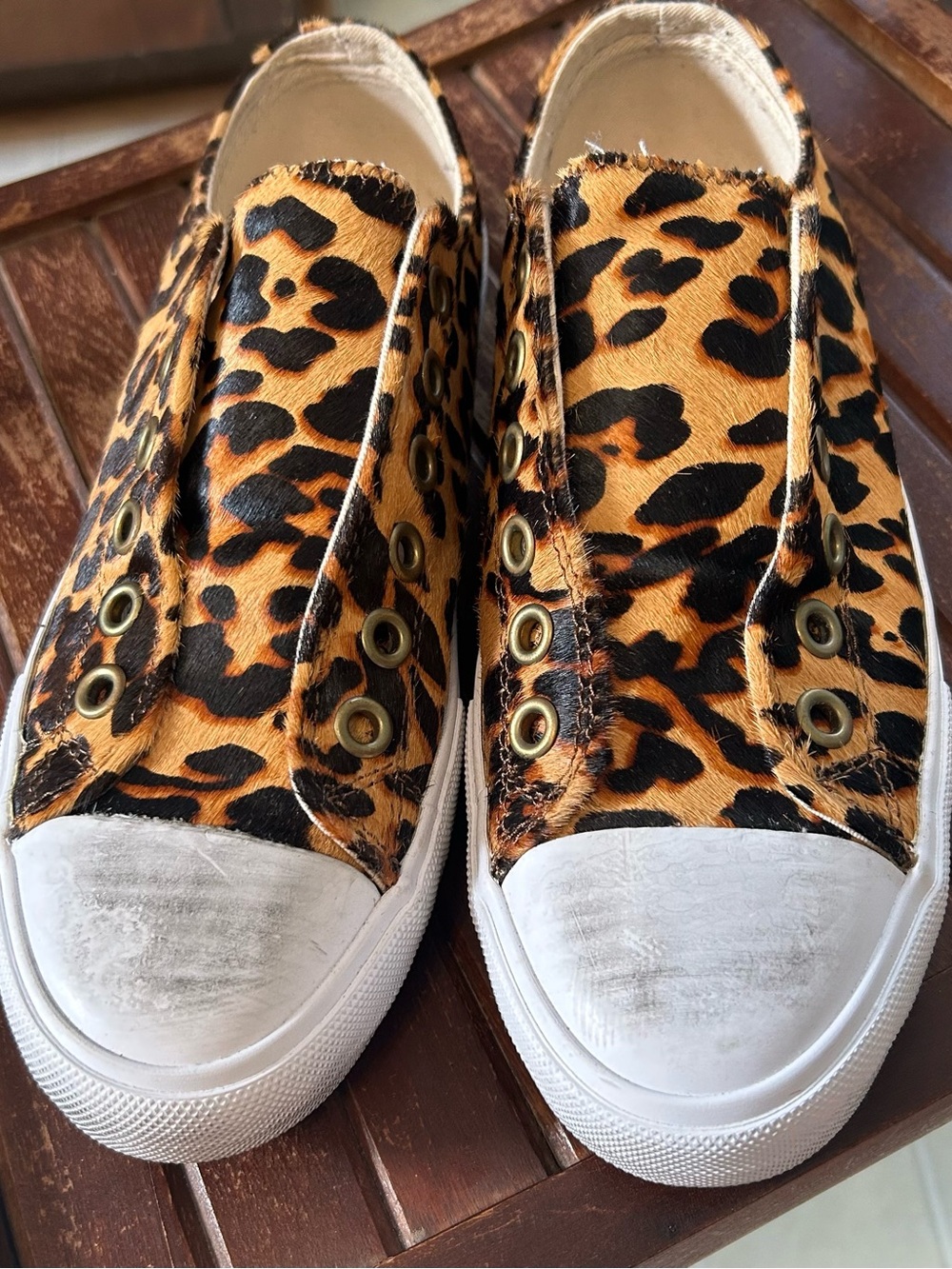 Naughty Monkey Cowhide Leopard Print Slip-On Sneakers with White Toecaps